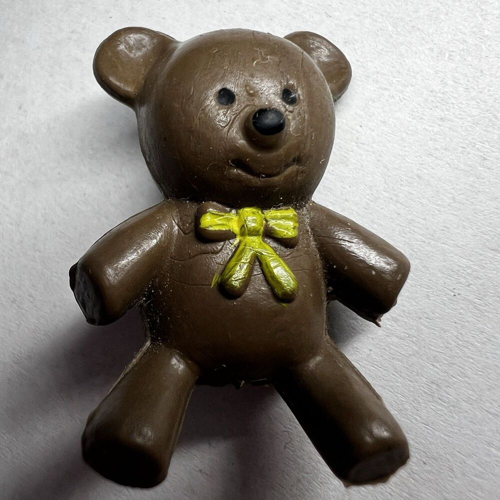 Vintage Miniature Plastic Teddy Bear Figurine Brown Yellow Bow Tie Toy